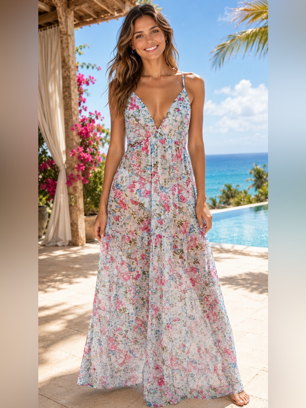 America & Beyond Floral Butterfly Maxi Dress S Metallic Thread Boho Resort
